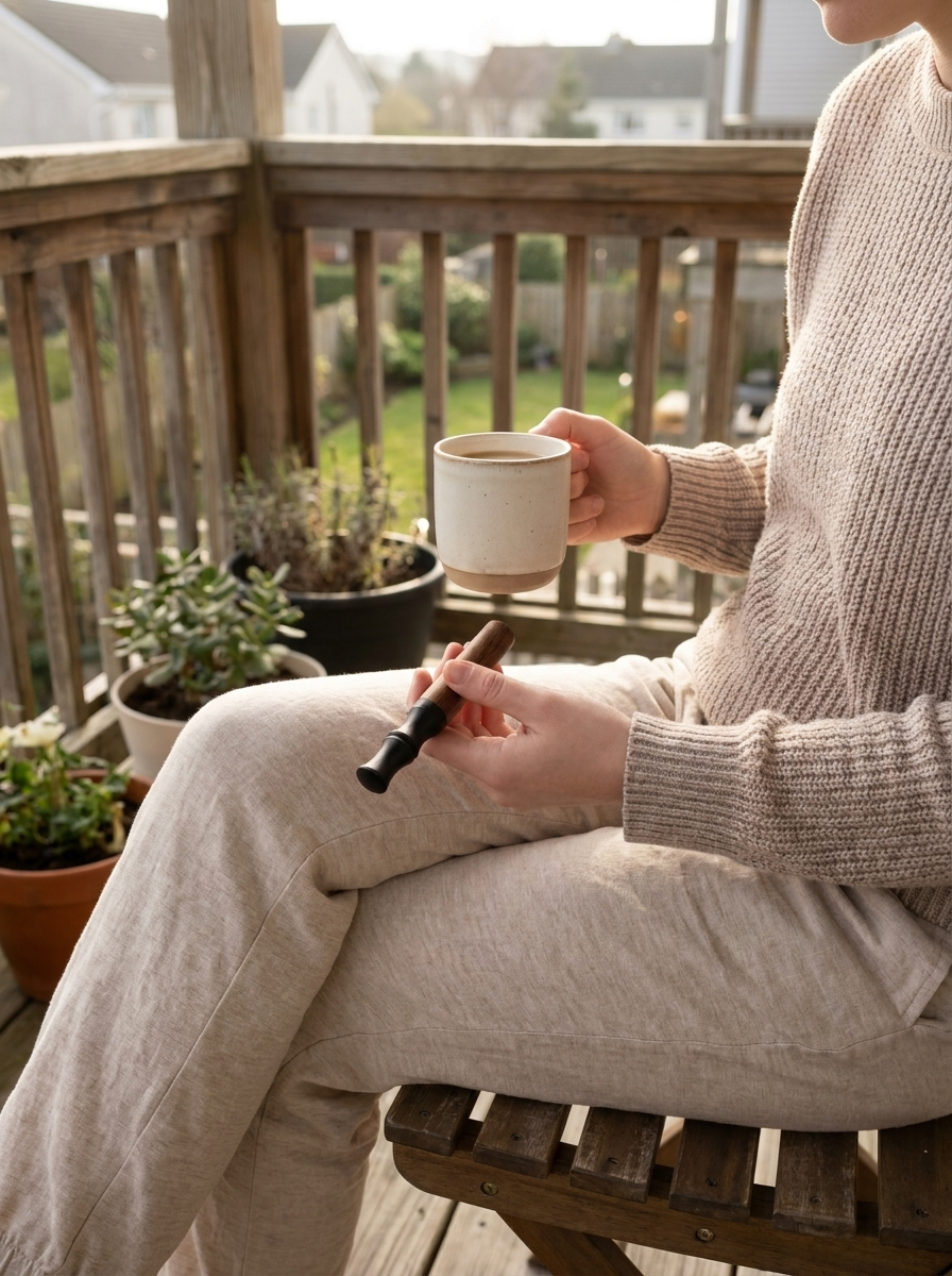 Hale on a balcony table next to a morning coffee