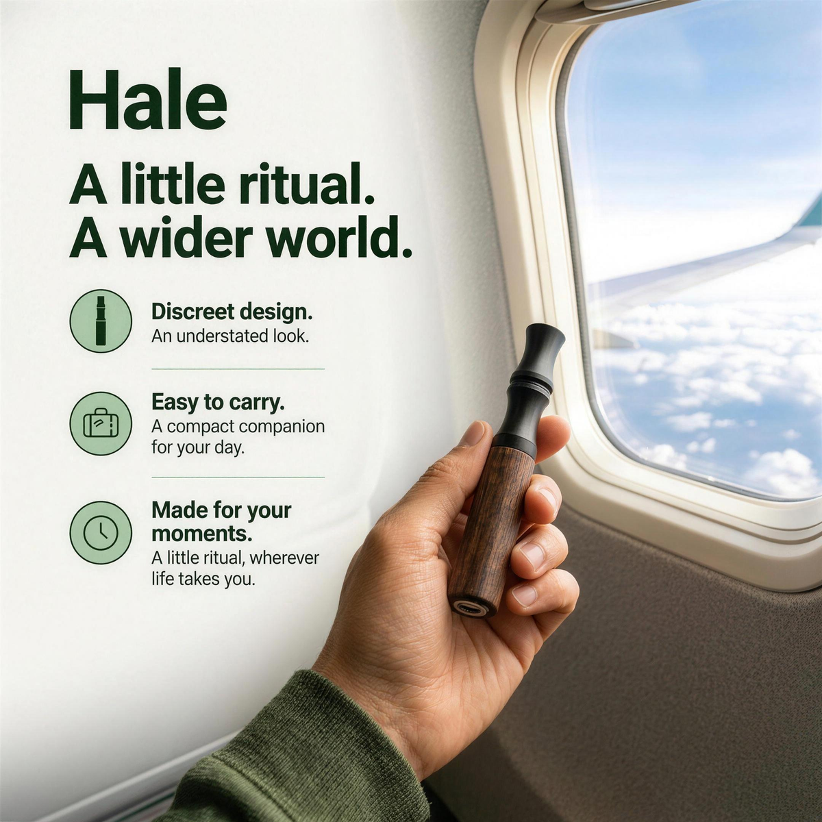 Discreet enough for a window seat — the Hale device in hand on a plane