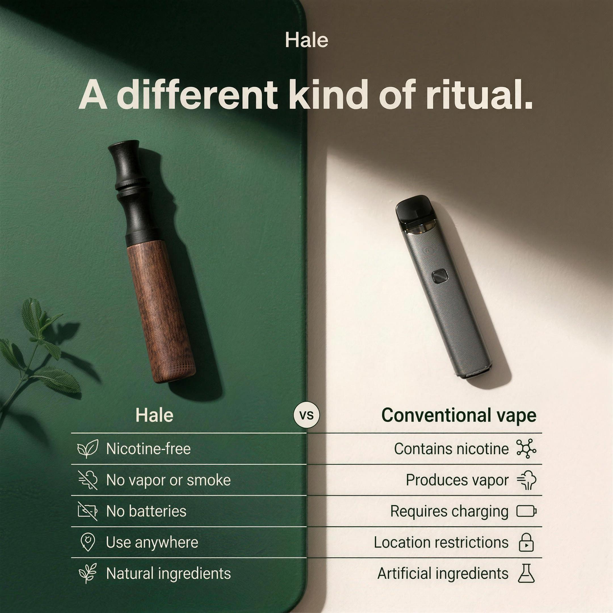 How Hale differs from a vape: no nicotine, no vapour, no battery
